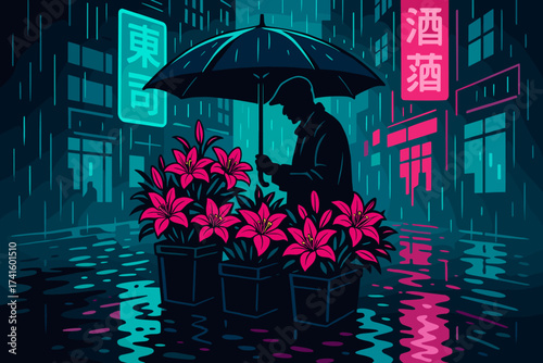 Man standing under umbrella in a rainy city street surrounded by vibrant flowers at night