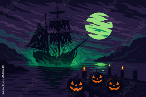 Halloween night with a ghostly ship and pumpkin lanterns by the pier
