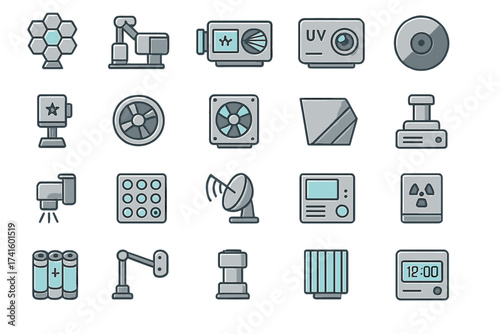Collection of various machinery and technology icons depicting different functions and uses in a modern setting