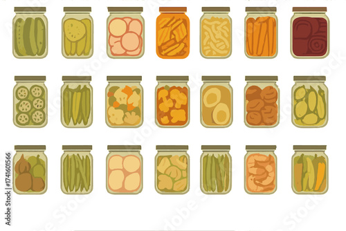 Colorful jars filled with various preserved foods including pickles, fruits, and vegetables on a white background