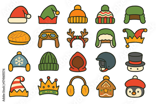 Variety of festive and winter hats displayed on a white background, perfect for seasonal celebrations and cold weather activities