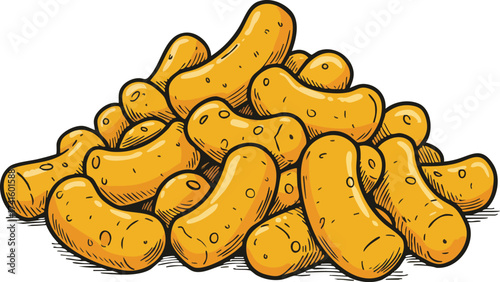 Pile of crunchy cheese curls snack food illustration with detailed texture and shading in orange color vector 