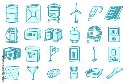 Collection of icons representing energy resources and safety equipment for environmental management and industrial use