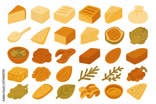 Colorful variety of cheeses and snacks arranged on a white background showcasing different types and textures of food