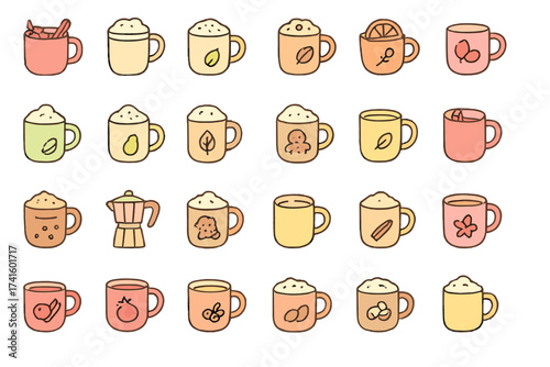 Colorful illustration of various coffee cups featuring different drinks and toppings in a charming, playful style