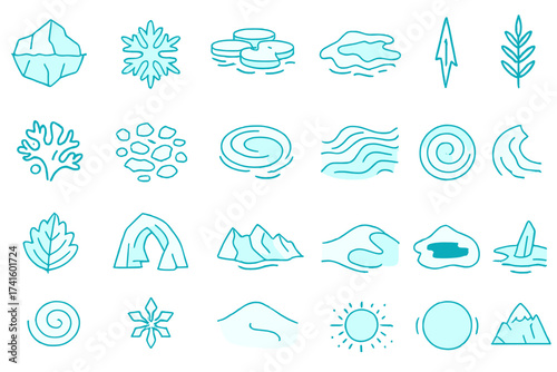 Nature-inspired doodles showcasing various elements like ice, water, plants, and mountains in a vibrant aqua style
