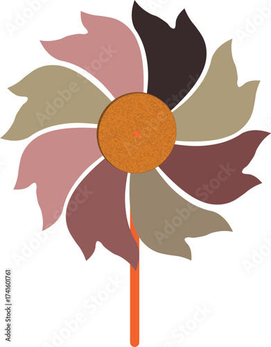 autumn colored decorative pinwheel windmill with earth tone petals and orange stem illustration design and isolated on white background.
