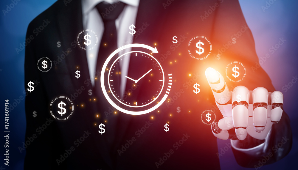 Fototapeta premium An AI assistant manages financial planning with the 'time is money' concept. This smart system optimizes investment timelines and business productivity to maximize wealth. Fermion