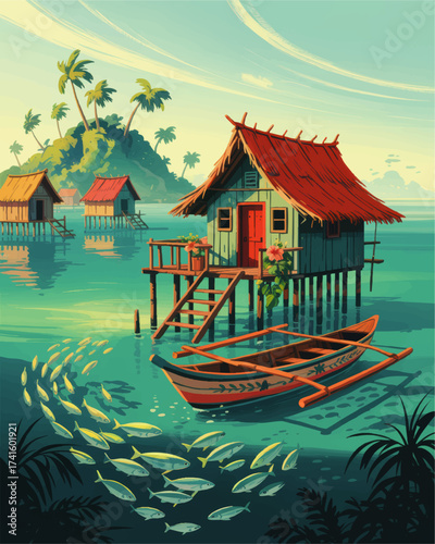 Tropical Overwater Bungalow with Outrigger Boat and School of Fish in Vibrant Island Lagoon Illustration