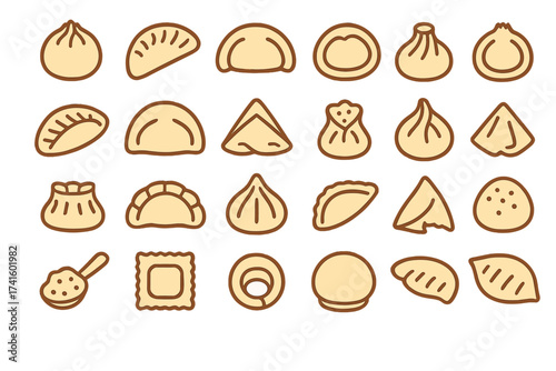 Collection of various dumplings displayed in a creative pattern on a light background