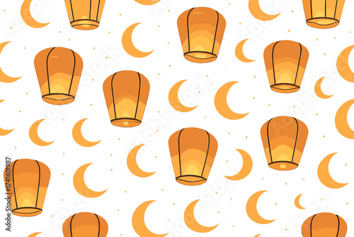 Colorful lanterns and crescent moons create a festive pattern, perfect for decorative themes and celebrations