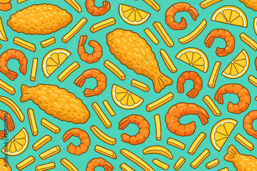 Colorful pattern featuring fried fish, shrimp, fries, and lemon slices on a vibrant background