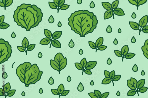Pattern of fresh green lettuce and herbs with droplets on a light green background