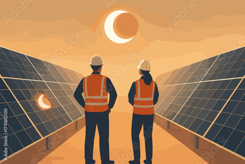 Workers observe a solar eclipse over a solar farm in a clear sky during the late afternoon