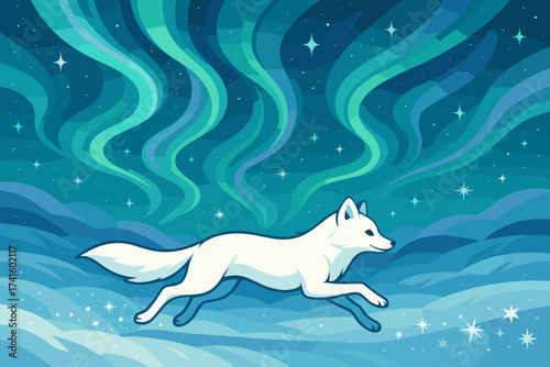 White fox runs through snowy landscape under colorful northern lights