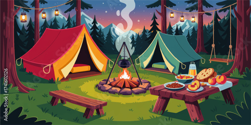 Cozy Mountain Camping Scene With Tents, Campfire, Picnic Table, Lanterns, and Forest at Sunset – Vector Illustration