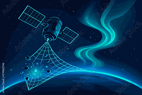 Satellite capturing space debris with a net above Earth at night