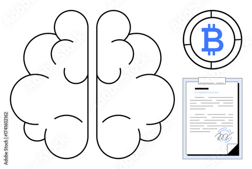 Brain and Bitcoin coin beside blockchain-based contract with digital signature. Ideal for cryptocurrency, innovation, blockchain, fintech, smart contract, decentralized systems, simple flat metaphor