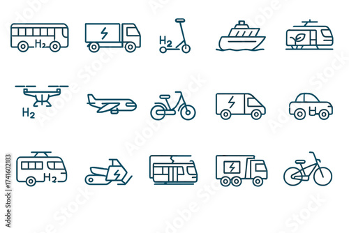 Various clean energy transportation modes represented through simple icons in a grid layout