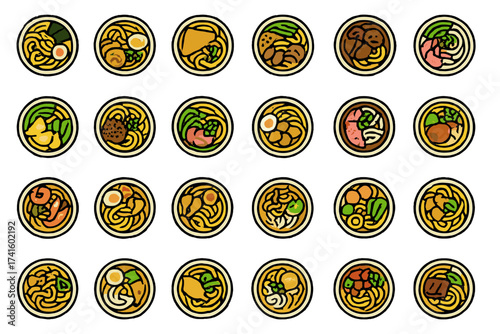 Variety of colorful noodle dishes displayed in round bowls with different ingredients and toppings