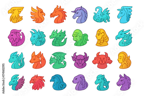 Set of colorful mythical creature busts featuring dragons, unicorns, griffins and other fantasy beings in various poses