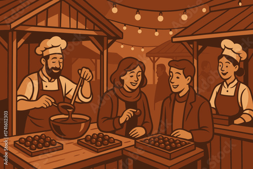 Cooking and enjoying sweets at a vibrant market under warm lights during evening hours