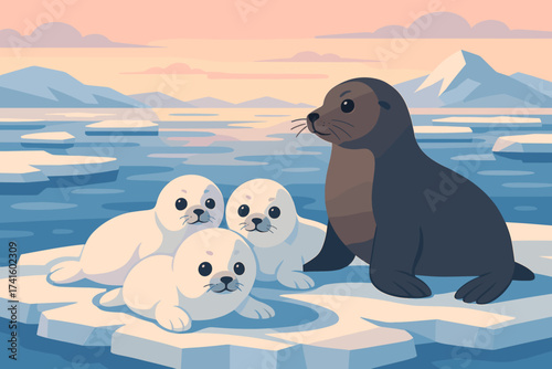 Seals relaxing on ice in a serene Arctic landscape at sunset with soft colors and distant mountains