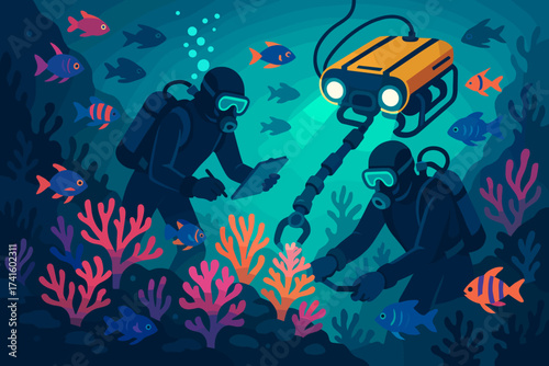 Divers explore a vibrant coral reef using advanced technology at an underwater site during daytime