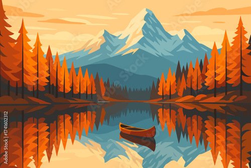 Scenic autumn landscape with mountains, a calm lake, and a lone canoe at sunset in a tranquil setting