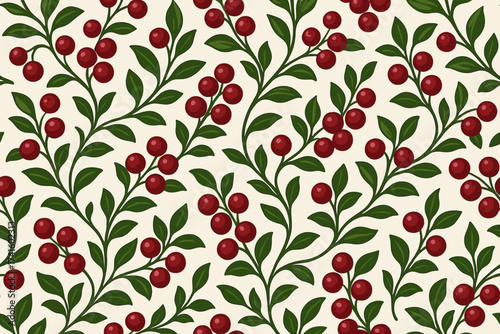 Colorful pattern of red berries and green leaves on a light background ideal for textile or wallpaper design