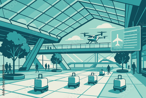 Modern airport scene with drones and luggage carts in a futuristic terminal design