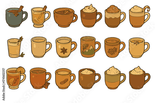 Warm and inviting collection of illustrated mugs filled with various hot beverages for cozy moments at home