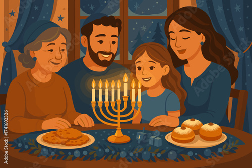 Family gathers around the menorah during Hanukkah celebration with food and laughter