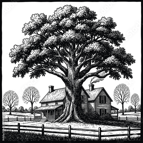Rustic farmhouse and large oak tree in a rural landscape