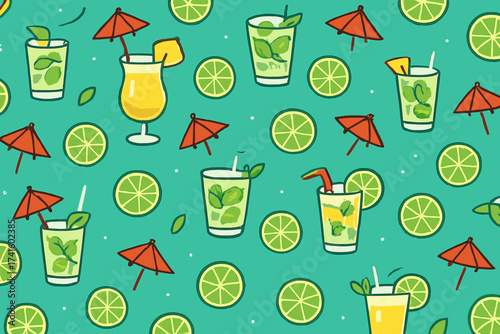 Colorful tropical pattern with cocktails and lime slices on teal background