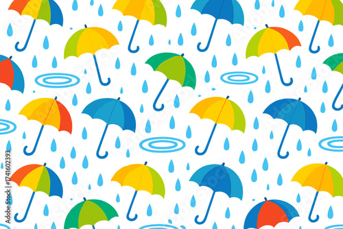Colorful umbrellas and raindrops create a cheerful pattern in a playful design suitable for kids