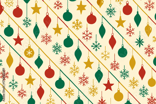 Colorful Christmas decorations with stars and snowflakes create a festive pattern for the holiday season