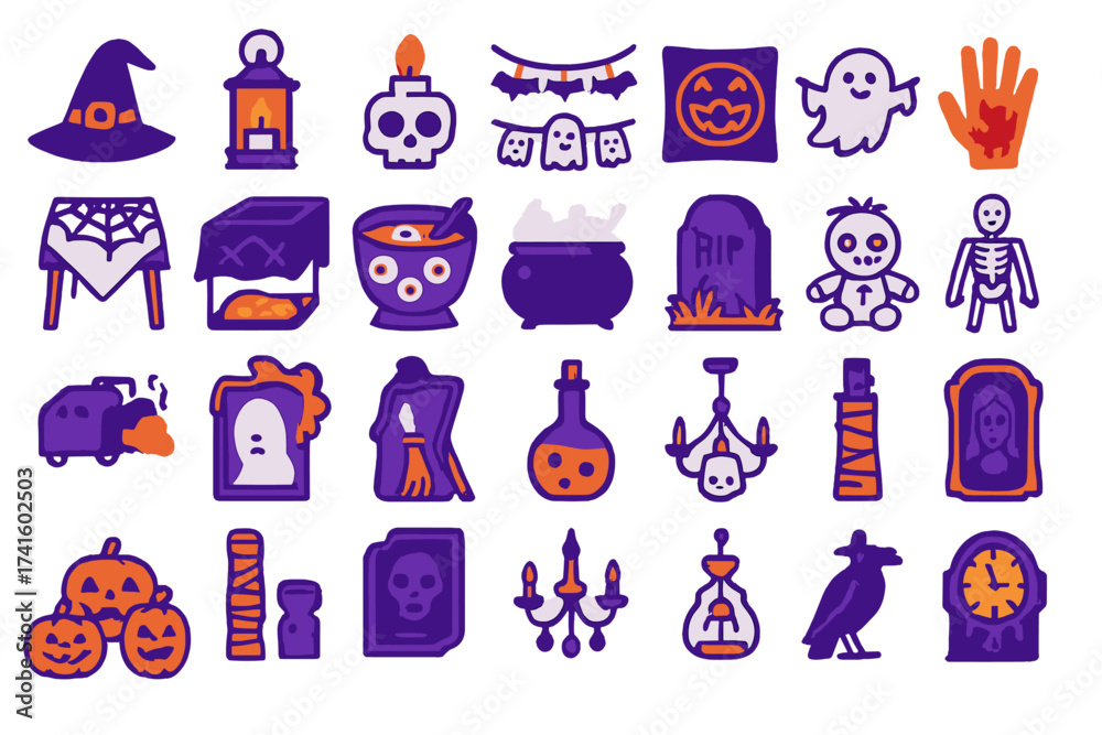 Fototapeta premium Various Halloween-themed illustrations featuring spooky symbols, decorations, and characters in vibrant colors for festive celebration