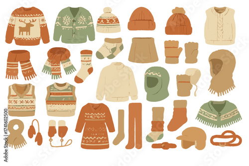 Cozy winter clothing collection featuring sweaters, hats, scarves, and mittens in warm colors and patterns for cold weather