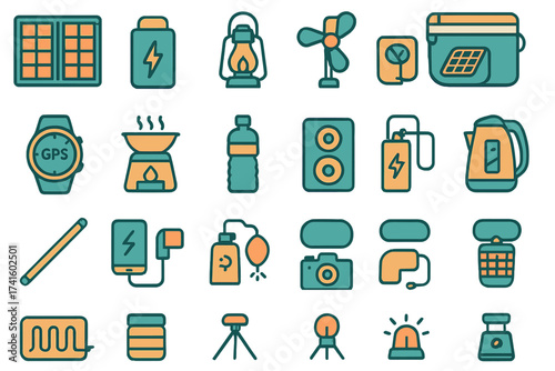 Various icons representing energy, gadgets, and sustainability in modern technology