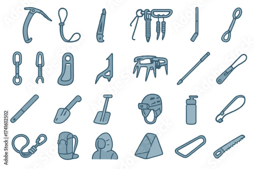 Essential climbing gear including carabiners, harnesses, and tools for outdoor adventures in nature