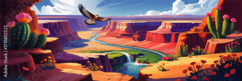 Stunning Southwestern Canyon Landscape Illustration with River, Cacti, Wildflowers, Eagle and Waterfall under Blue Sky