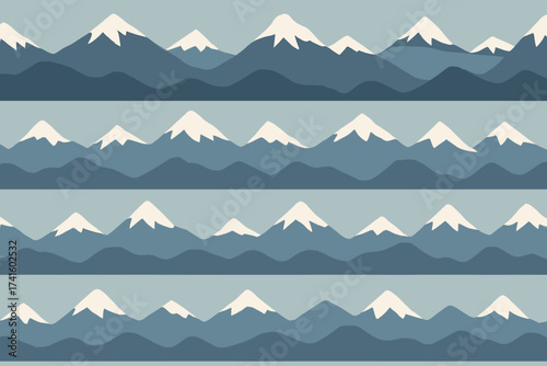 Scenic mountain landscape with layered peaks and snow caps against a soft blue background