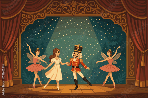 Beautiful performance of the Nutcracker on a grand stage with dancers in elegant costumes during a festive evening