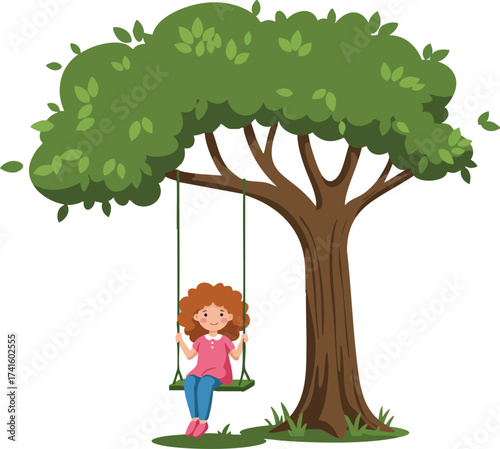 Girl on swing attached to large leafy green tree enjoying outdoor playtime in nature setting vector illustration 