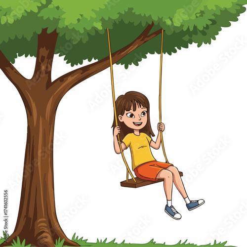 Girl swinging on tree swing enjoying outdoor playtime in summer sunny day vector illustration 