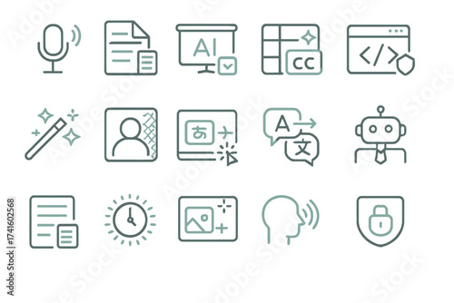 Collection of technology icons representing various digital tools and activities related to artificial intelligence and communication