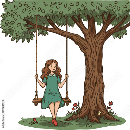 Girl sitting on swing hanging from large leafy tree with flowers and grass vector illustration 