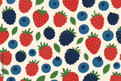 Colorful pattern featuring mixed berries on a light background with leaves added for a fresh touch