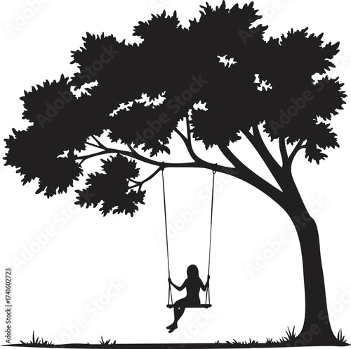 Girl on swing hanging from large tree silhouette nature outdoor play scene vector illustration 